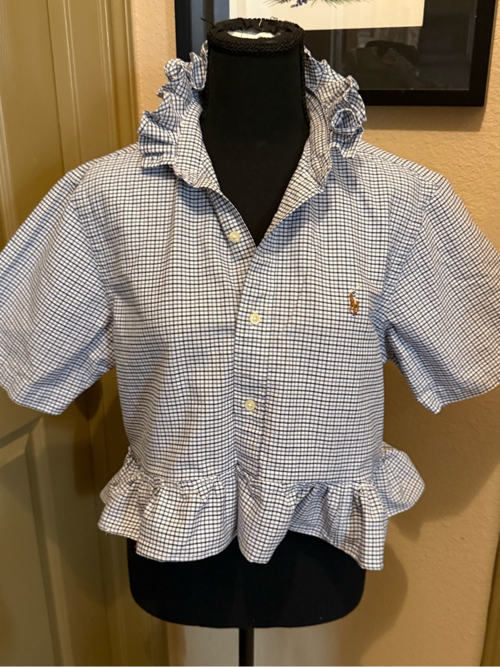 Upcycled Ralph Lauren Blue & White Gingham Ruffle Button-Down Top